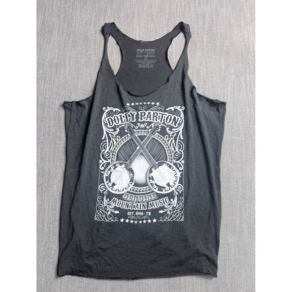 Dolly Parton Tops - Dolly Parton Pure & Simple Mountain Music Graphic Racerback Tank Top Gray XL